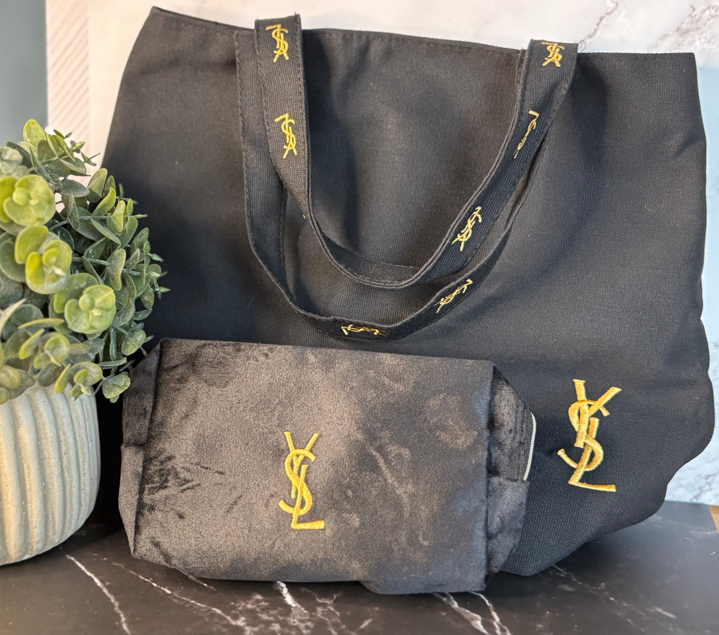 YSL Novelty Gift Black Canvas Tote + Cosmetic Pouch