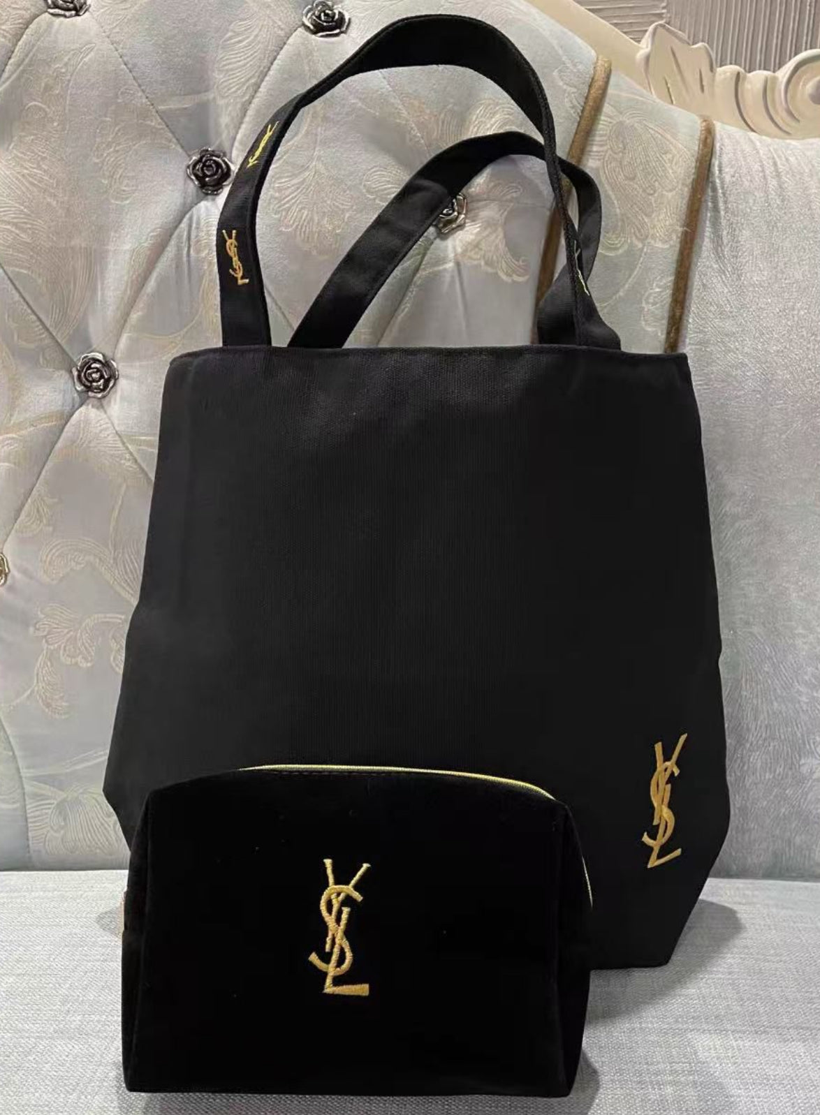YSL Novelty Gift Black Canvas Tote + Cosmetic Pouch