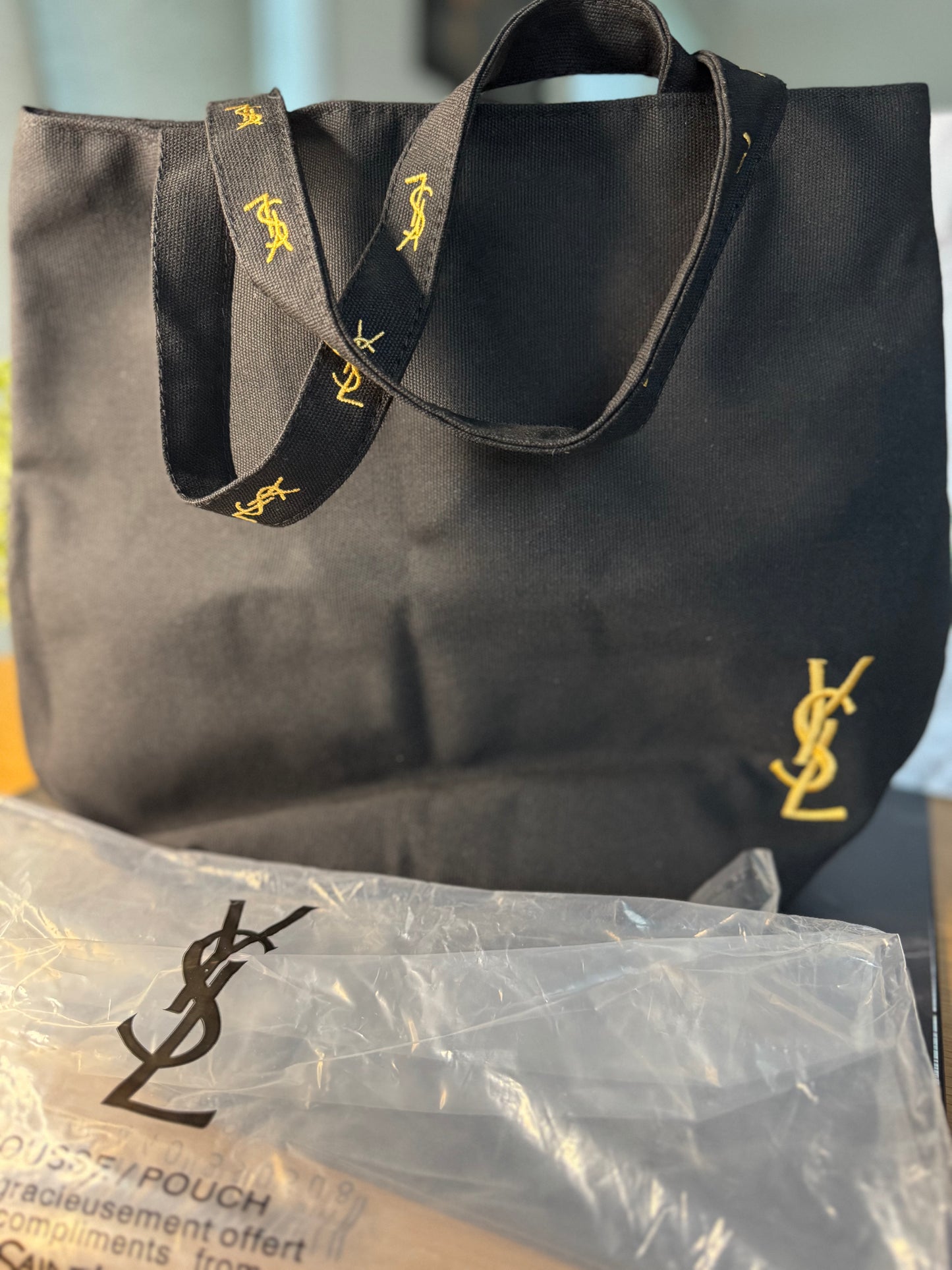 YSL Novelty Gift Black Canvas Tote + Cosmetic Pouch