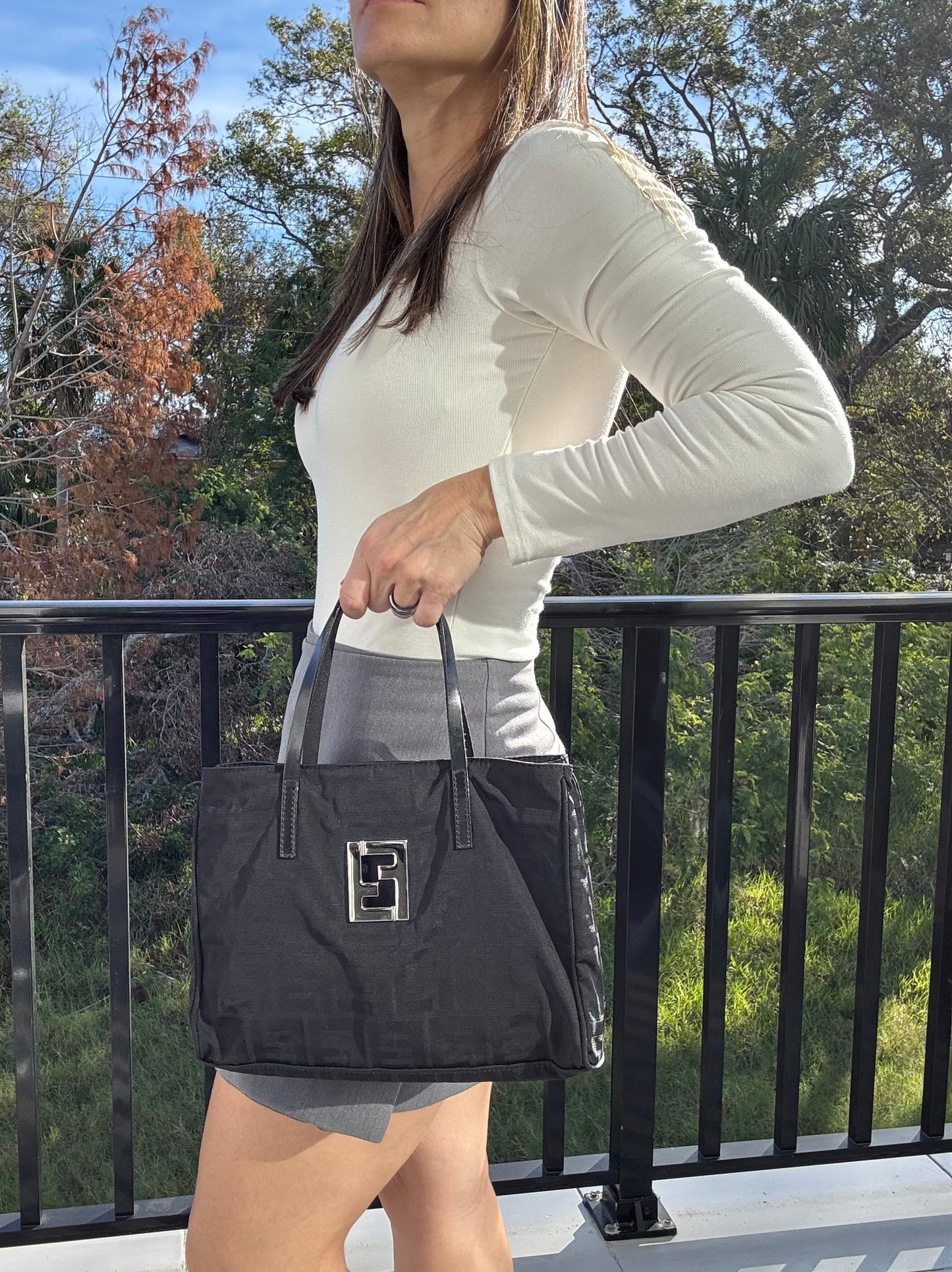 Fendi Black Nylon Monogram Small Tote