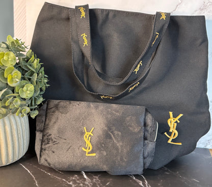 YSL Novelty Gift Black Canvas Tote + Cosmetic Pouch