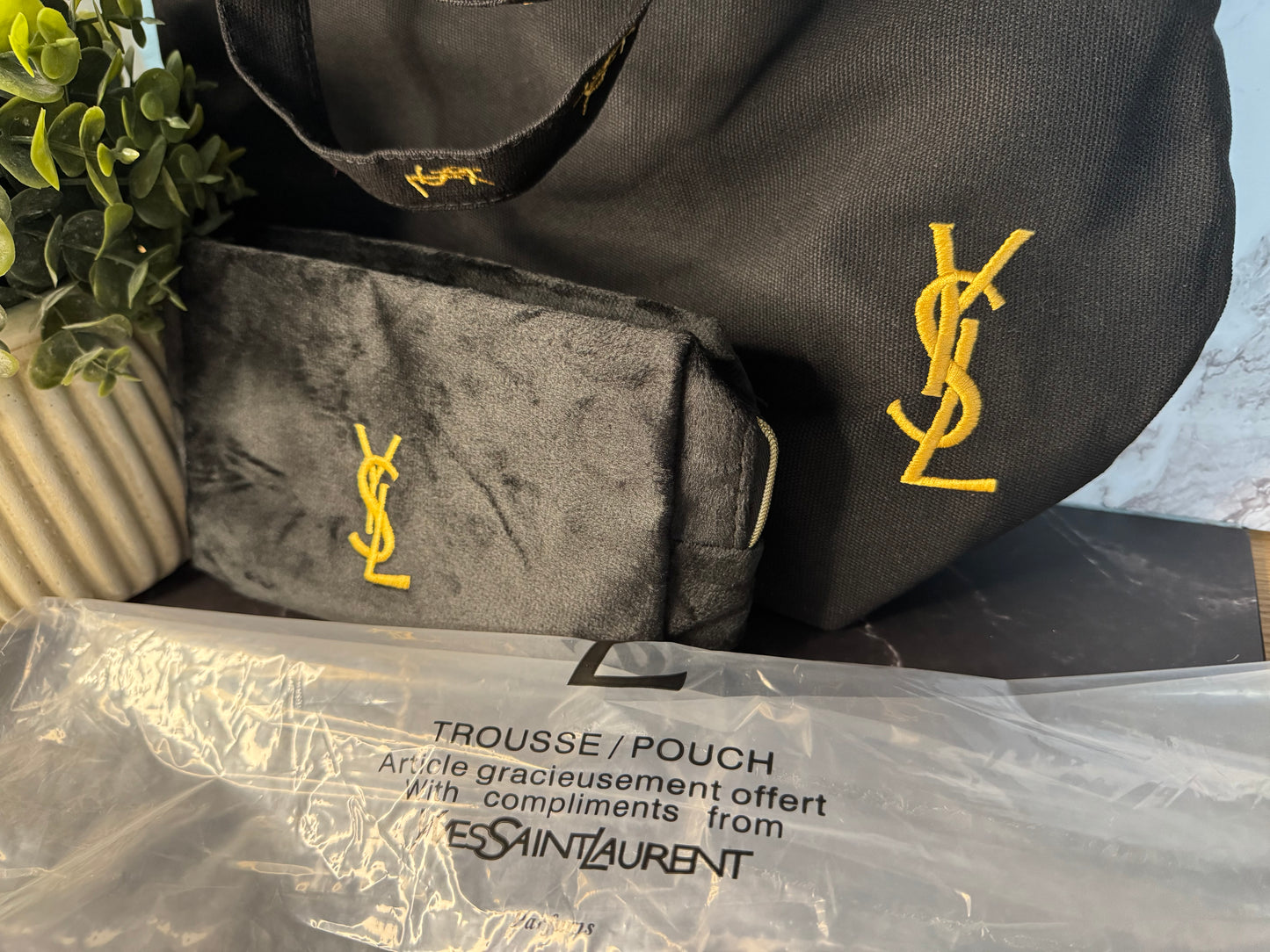 YSL Novelty Gift Black Canvas Tote + Cosmetic Pouch