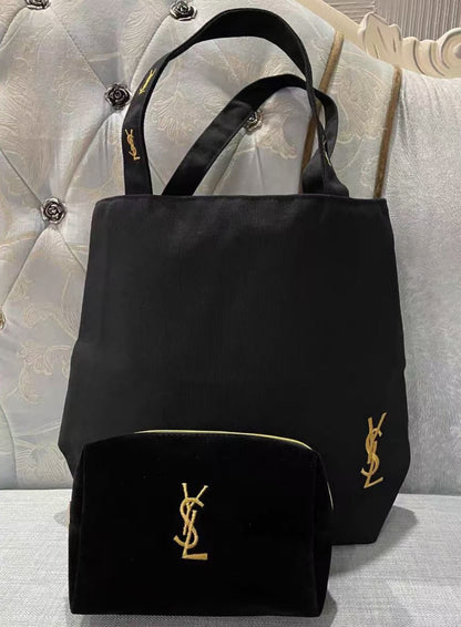 YSL Novelty Gift Black Canvas Tote + Cosmetic Pouch