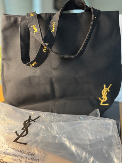 YSL Novelty Gift Black Canvas Tote + Cosmetic Pouch